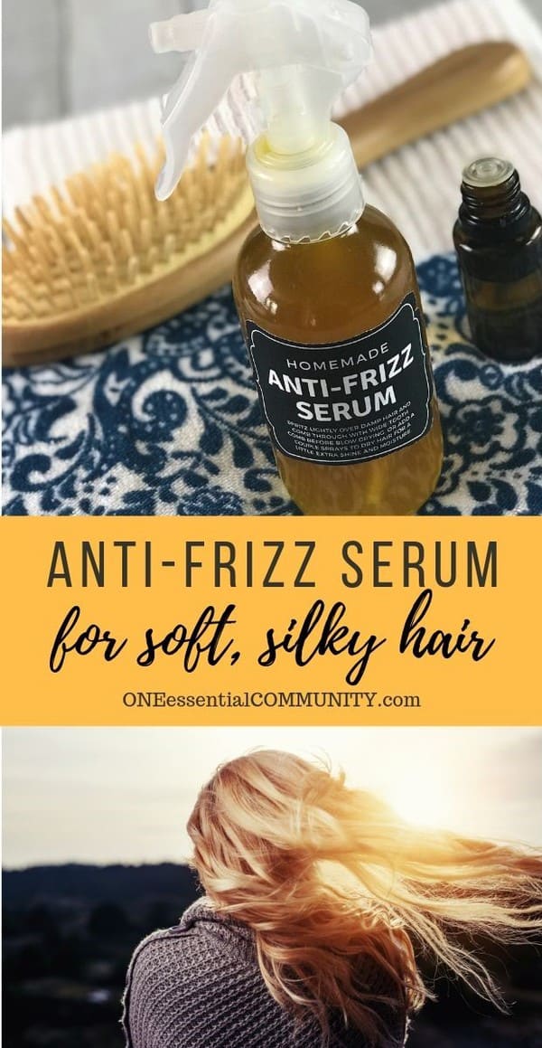 anti-frizz serum for soft, silky hair by ONEessentialCOMMUNITY.com - DIY anti-frizz serum in glass spray bottle next to essential oil bottle, brush, and two towels -- bottom image is woman with hair blowing in wind at sunset