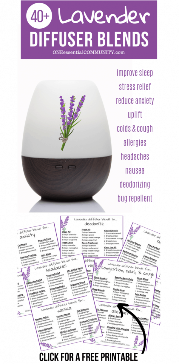 lavender essential oil diffuser blend recipes {click for free printable of all the recipes} by ONEessentialCOMMUNITY.com -- sleep, stress, anxiety, sadness, cold, congestion, allergies, headache, nausea, deodorizing, bug repellent {doTERRA, Young Living, Plant Therapy}