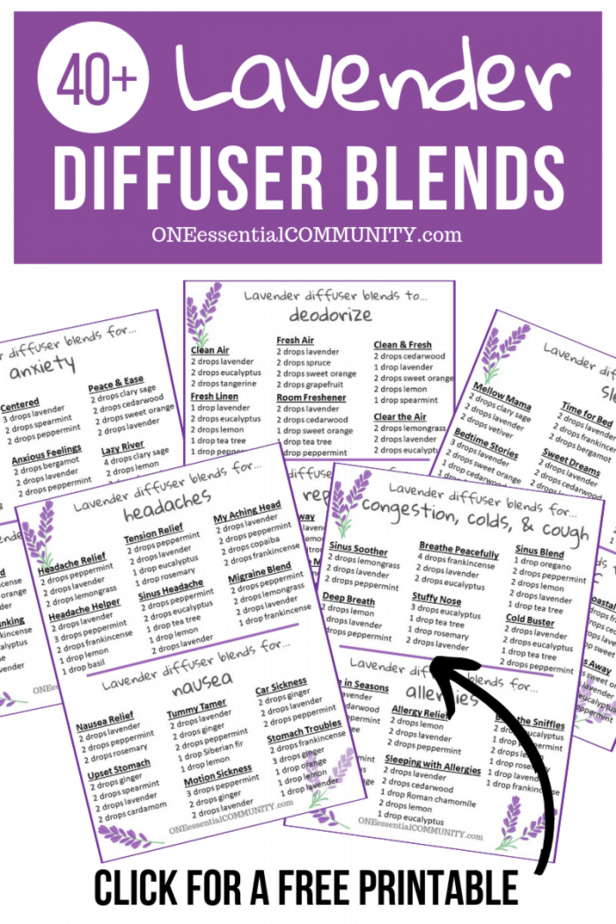 lavender essential oil diffuser blend recipes {click for a free printable of all the recipes} -- sleep, stress, anxiety, sadness, cold, congestion, allergies, headache, nausea, deodorizing, bug repellent -- by ONEessentialCOMMUNITY.com