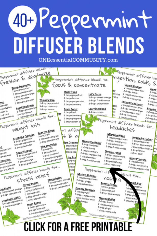 40+ peppermint essential oil diffuser blend recipes by ONEessentialCOMMUNITY.com with free printable of all the recipes