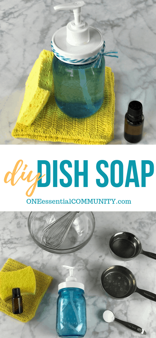 DIY dish soap recipe {made with essential oil} by ONEessentialCOMMUNITY.com with image of supplies below - mixing bowl, whisk, essential oil, glass soap jar, measuring cups and spoon