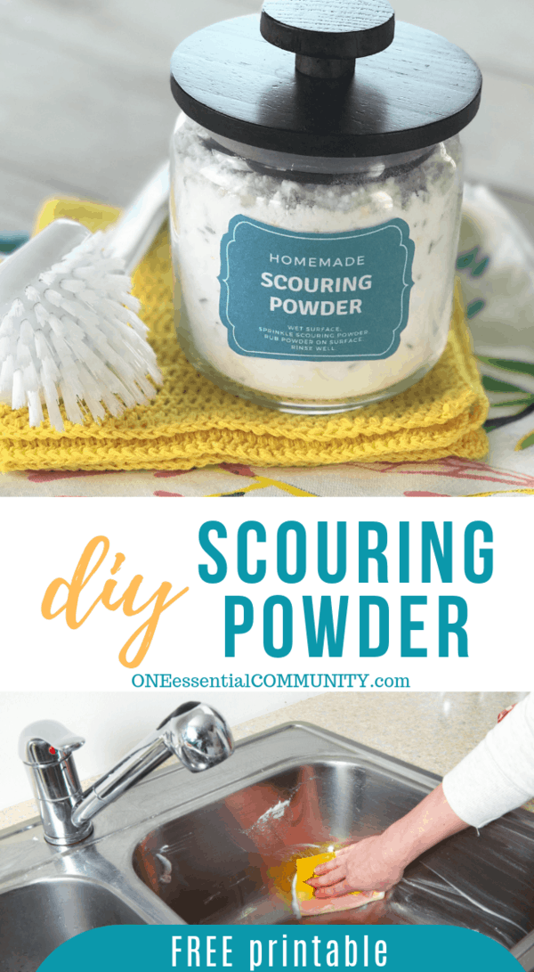 homemade scouring powder cleaner recipe made with essential oils by ONEessentialCOMMUNITY.com -- includes free printable recipe and label -- woman cleaning stainless steel sink with scouring powder