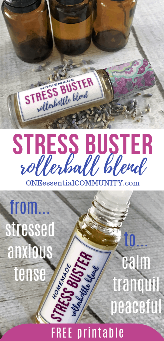 Stress Buster Roller Bottle Blend Recipe by ONEessentialCOMMUNITY.com -- from stressed, anxious, and tense to calm, tranquil, and peaceful -- 3 essential oil bottles with rollerball