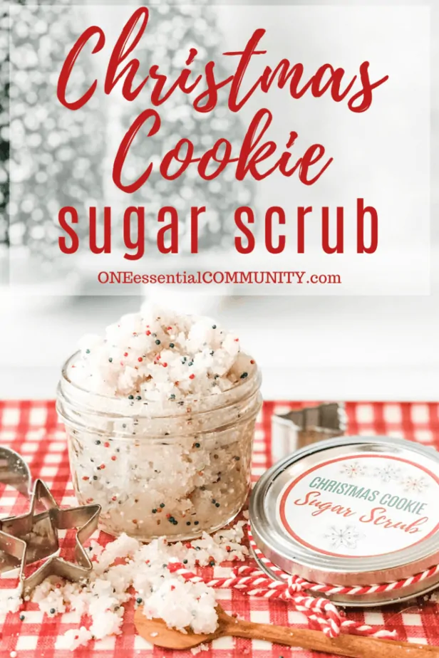 Christmas Cookie Sugar Scrub title image with scrub in jar with lid and label