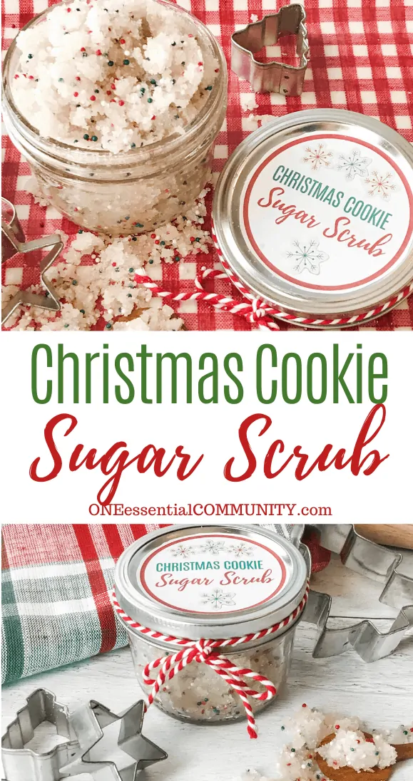 Christmas Cookie Sugar Scrub title image with sugar scrub in glass jar next to custom labeled lid, and fully assembled jar with lib and bow