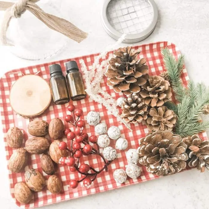 supplies to make CHristmas essential oil diffuser- pinecones, berries, springs of evergreen, wood slices, nuts