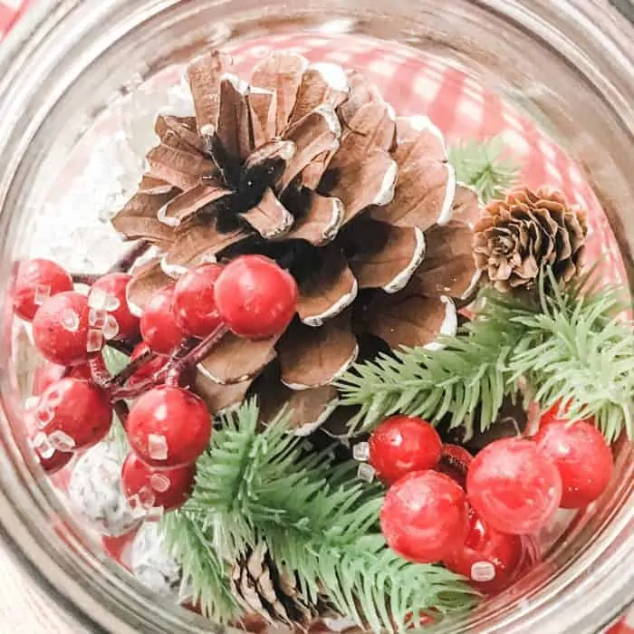 berries, pinecones, greenery, and snow crystals in mason jar
