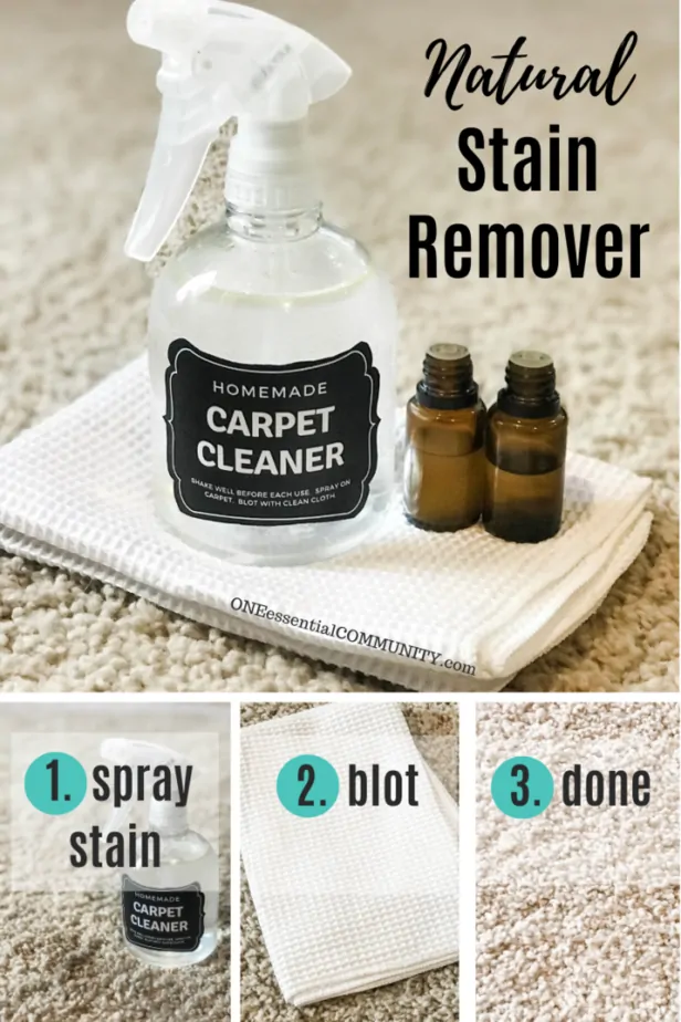 steps to easy carpet stain treatment- spray stain, blot, and done