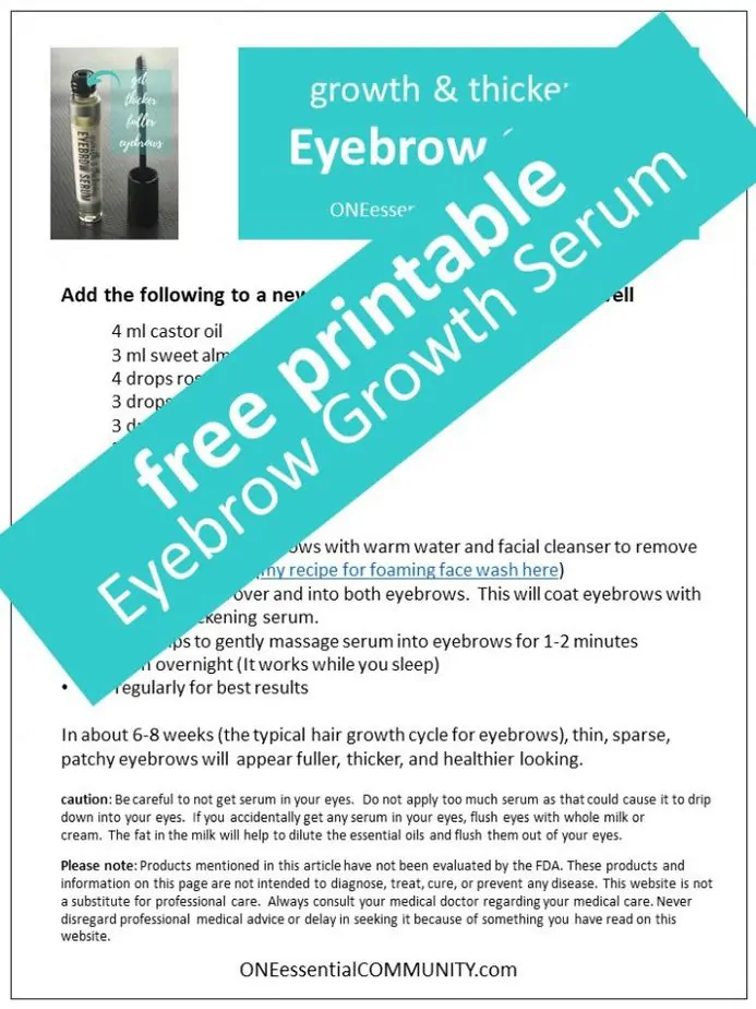 free printable recipe and label for homemade eyebrow growth serum made with essential oil