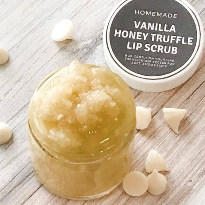jar of vanilla honey lip scrub, homemade DIY recipe with essential oils