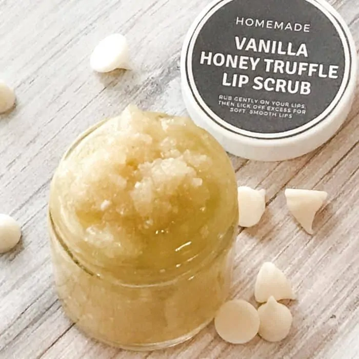 jar of vanilla honey lip scrub, homemade DIY recipe with essential oils
