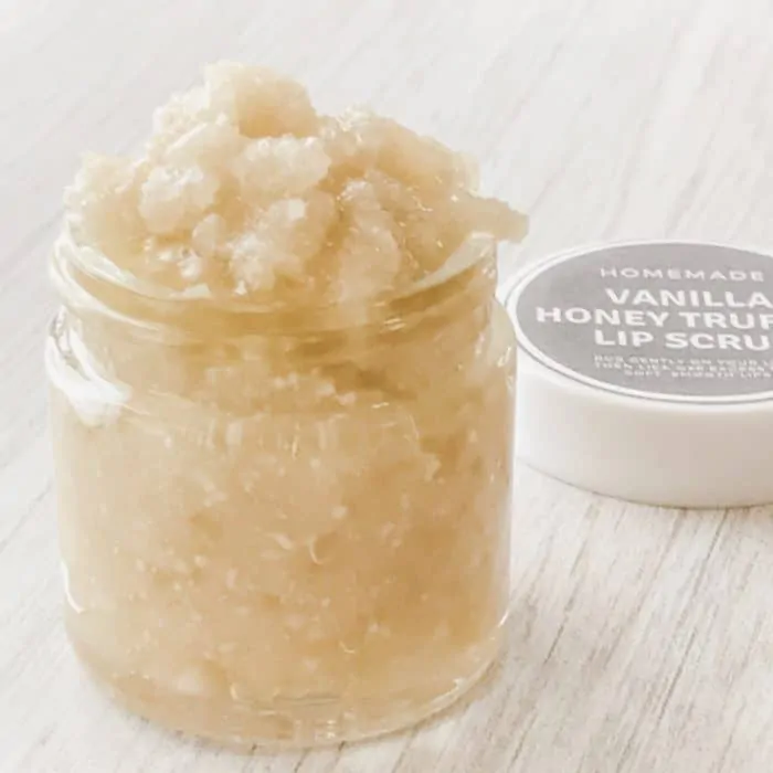 jar of vanilla honey lip scrub with label, made with tangerine essential oil