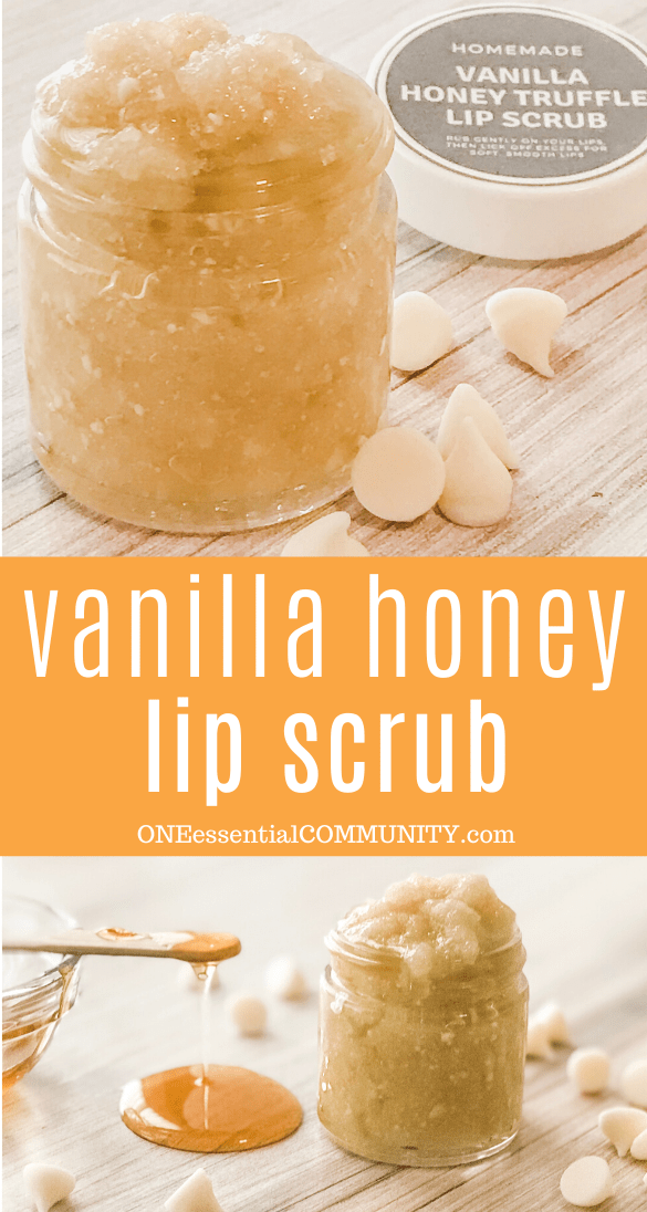 homemade DIY recipe of vanilla honey lip scrub made with essential oils, jar with label