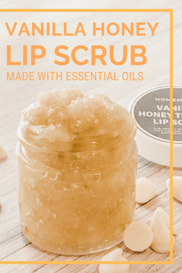 jar of vanilla honey lip scrub, homemade DIY recipe with essential oils