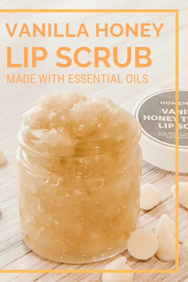 jar of vanilla honey lip scrub, homemade DIY recipe with essential oils