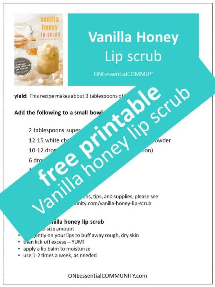 link to free printable vanilla honey lip scrub recipe and label