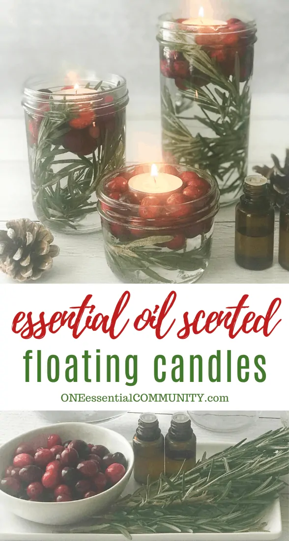 essentail oil scented floating candles lit candles berries greenery pine cones essential oil bottles make your own essential oil scented candle