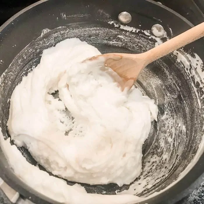 salt dough mixture of baking soda, cornstarch, water thickening as heated and stirred