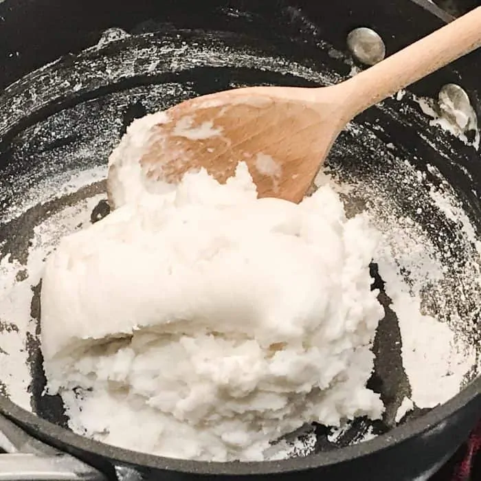 salt dough mixture of baking soda, cornstarch, water stirred with wooden spoon thickens