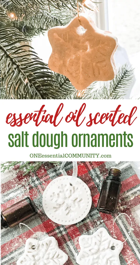 essential oil scented salt dough Christmas ornaments, snowflake ornament hanging from Christmas tree, ornaments displayed on Christmas-themed background with essential oil bottles