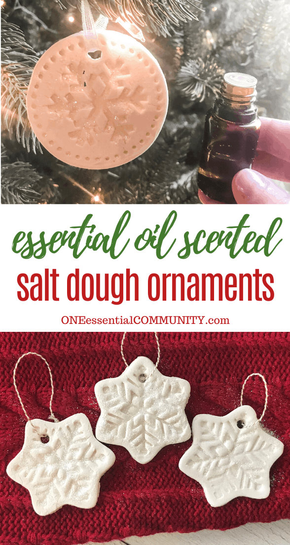 essential oil scented salt dough Christmas ornaments, snowflake shaped ornament hanging from tree next to hand-held essential oil bottle, snowflake ornaments on red display