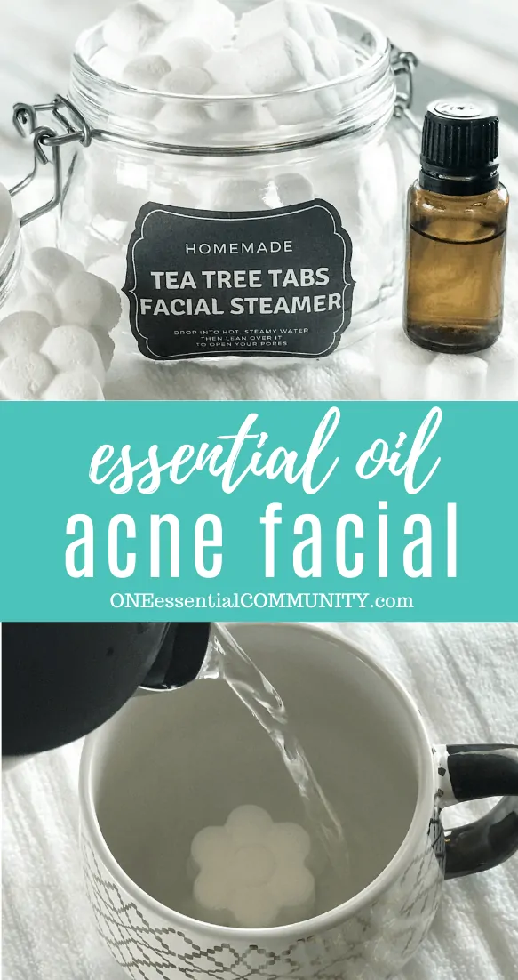 essential oil acne facial image collage with flower shaped tea tree tabs facial steamer in open glass jar essential oil bottle, pouring hot water into mug to activate steamer