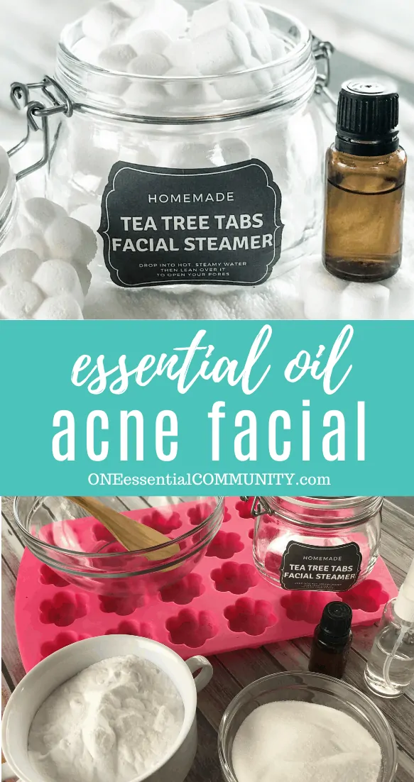 essential oil acne facial image collage with flower shaped tea tea tabs facial steamer in open glass jar, essential oil bottle, title card, ingredients and tools collection tea tree essential oil witch hazel baking soda citric acid