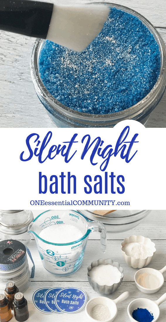 Silent Night Bath Salts title image, full jar of bath salts with silver mica sprinkled across top, and display of unassembled ingredients of Epsom salt, sea salt, baking soda, lake blue coloring, silver mica, essential oils