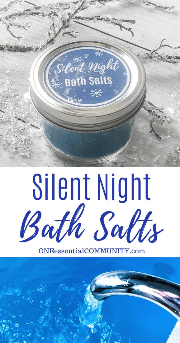 SIlent Night Bath Salts title image, bath salts in jar with custom label, and running bath water