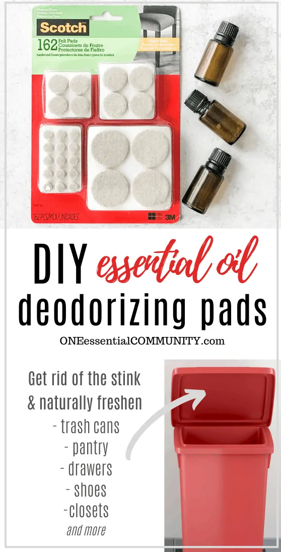 DIY essential oil deodorizing pads, pads with essential oil bottle, rainbow assortment of shoes, trash can, towels