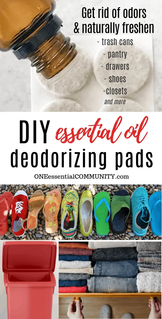 One essential community essential oil deodorizing pads title image, essential oil bottle, felt pads, deodorize your trash can, shoes, clothes using essential oils