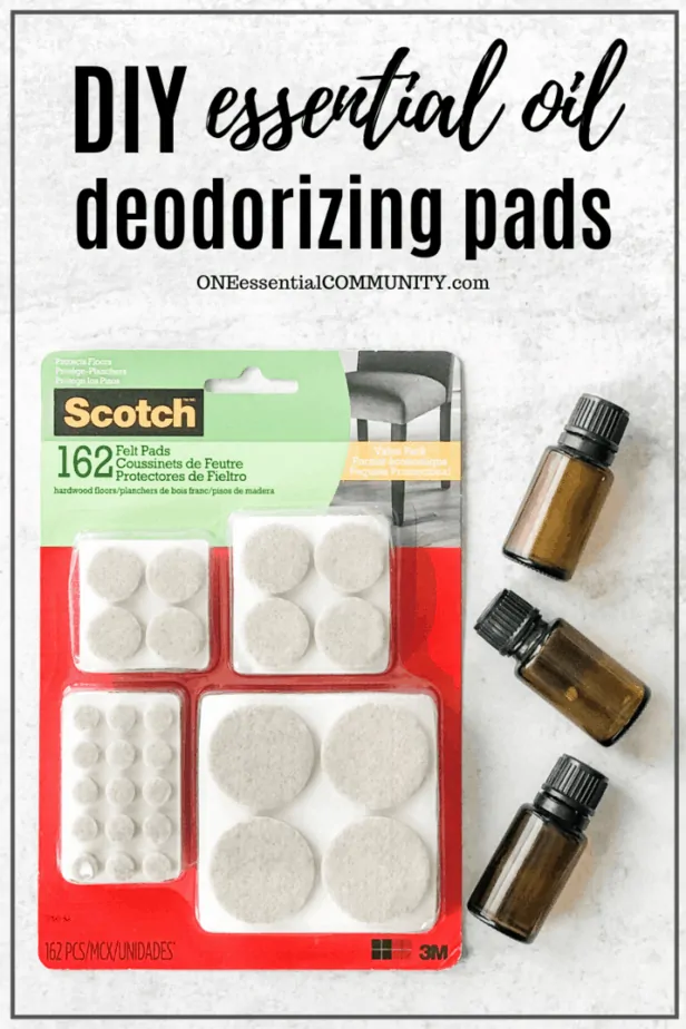 One Essential Community DIY essential oil deodorizing pads supplies, package of Scotch felt pads, essential oil bottles