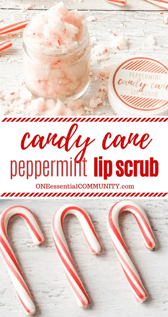 peppermint candy cane lip scrub with essential oils in glass jar with custom label lid, three candy canes