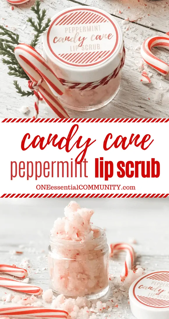peppermint candy cane lip scrub with essential oils in glass jars plus title card