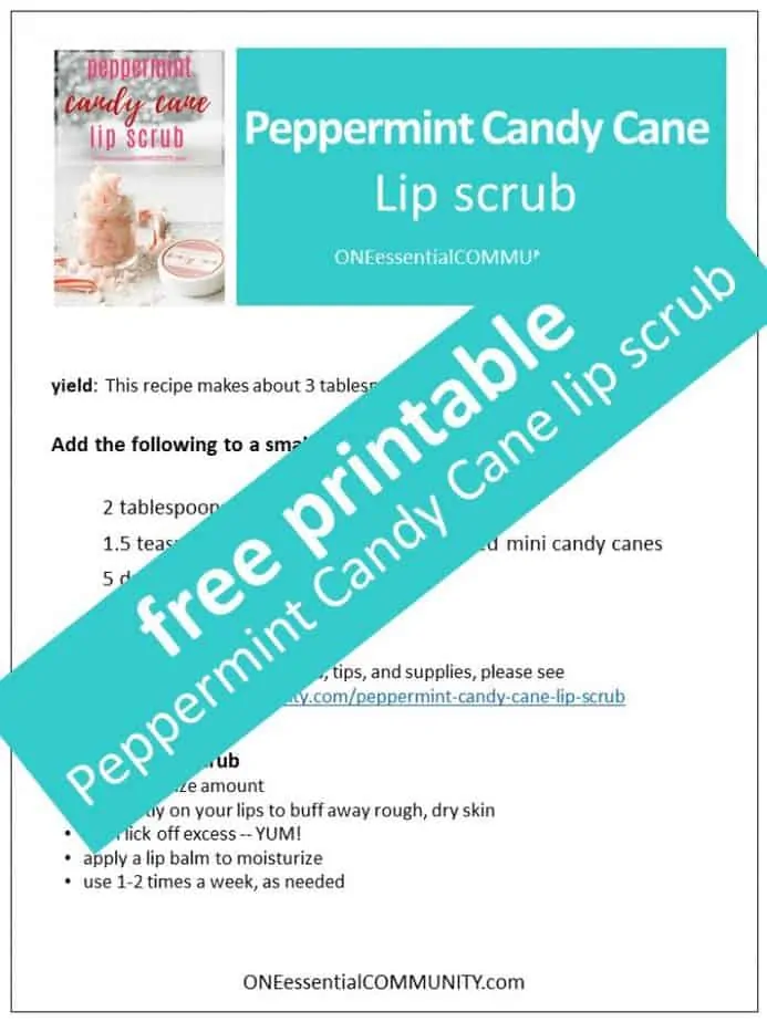link to printable of peppermint candy cane lip scrub with essential oils recipe and labels