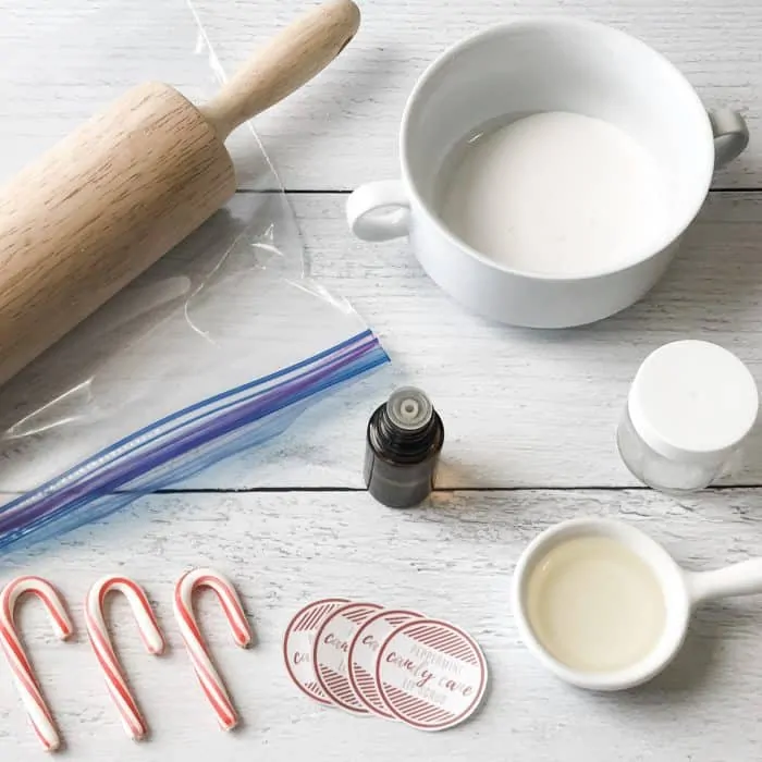 ingredients and tools for candy cane lip scrub