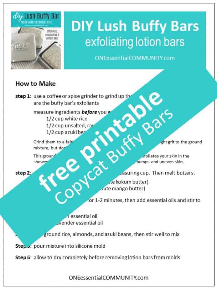 link to free printable DIY Copycat Buffy Bars recipe with essential oils