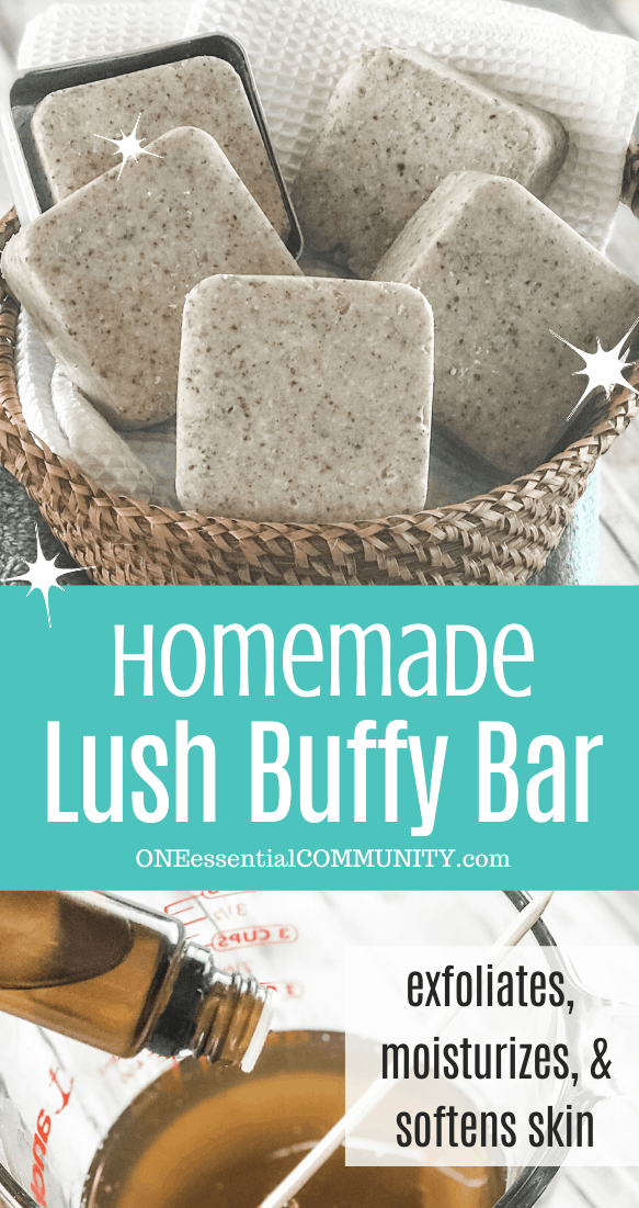 Homemade Lush Buffy Bar with essential oils exfoliates, moisturizes, and softens skin