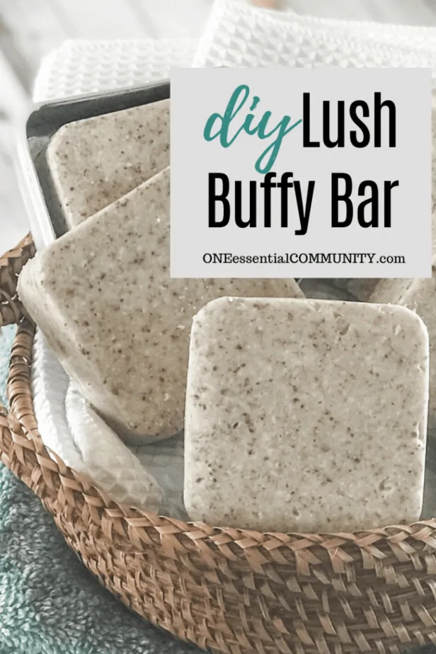 DIY Lush Buffy Bar title image with exfoliating buffy bars and essential oils in basket