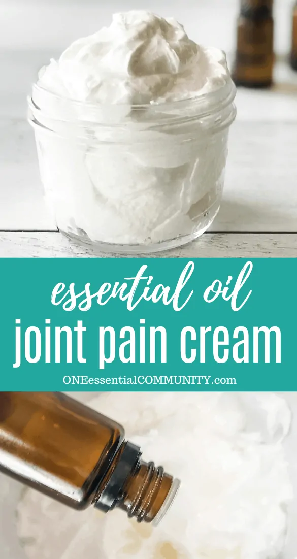 essential oil joint pain cream title image with cream in clear glass jar bottom image essential oil bottle