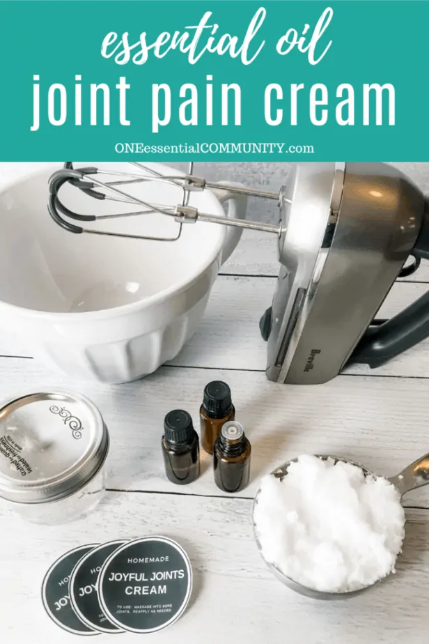 One Essential Community essential oil joint pain cream title image with supplies and tools coconut oil essential oil electric mixer mixing bowl glass jar custom label soothe achy joints hands shoulders knees knuckles