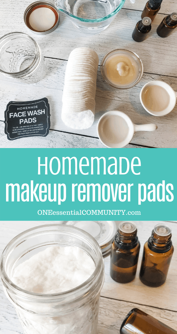 homemade makeup remover pads all-natural with essential oils ingredients in measuring spoons and bowls with essential oil bottles and custom homemade face wash pads label