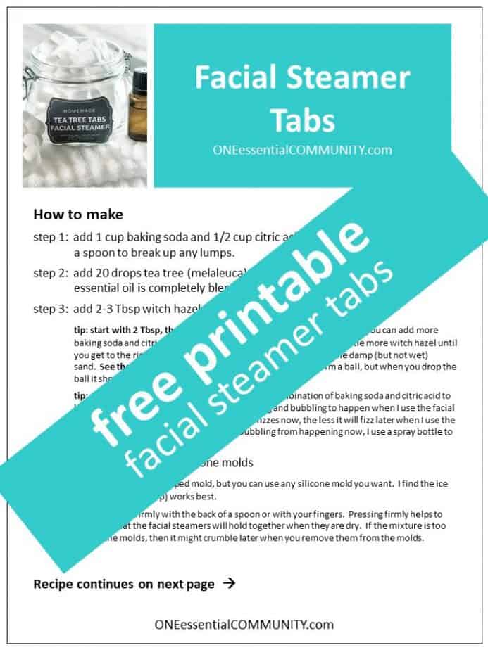 link to printable recipe and labels for tea tree essential oil facial steamer tabs
