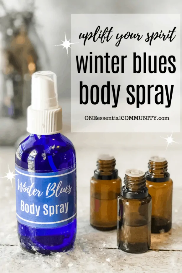Winter Blues body spray title image with spray bottle with custom label, essential oil bottles