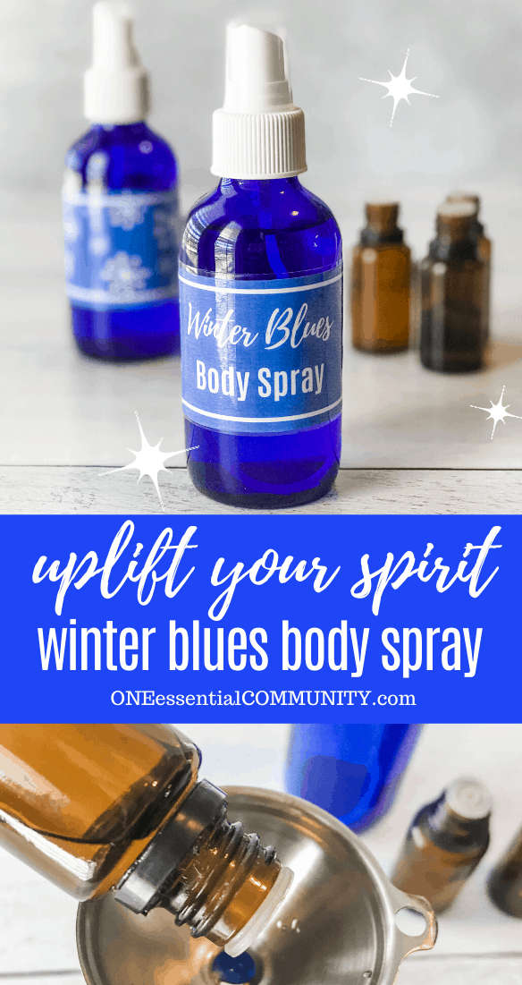 uplift your spirit with Winter Blues body spray recipe with essential oils One Essential Community blue spray bottles with custom labels essential oil bottles pouring essential oils through funnel into spray bottle