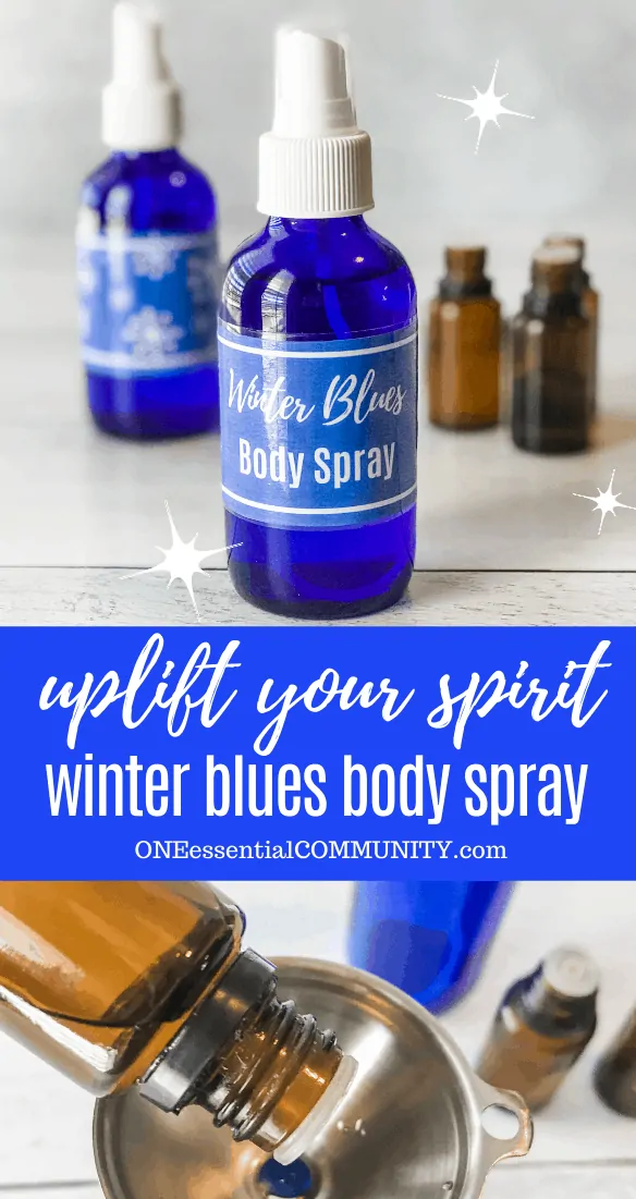 uplift your spirit with Winter Blues body spray recipe with essential oils One Essential Community blue spray bottles with custom labels essential oil bottles pouring essential oils through funnel into spray bottle