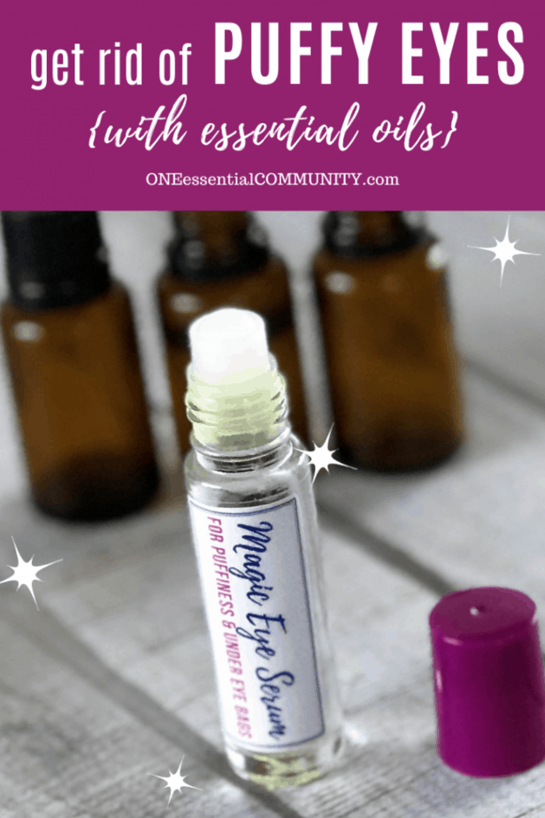 Get rid of Puffy Eyes with essential oils. DIY magic eye serum rollerball recipe for under eye bags and puffiness. Rollerball with essential oils in background.