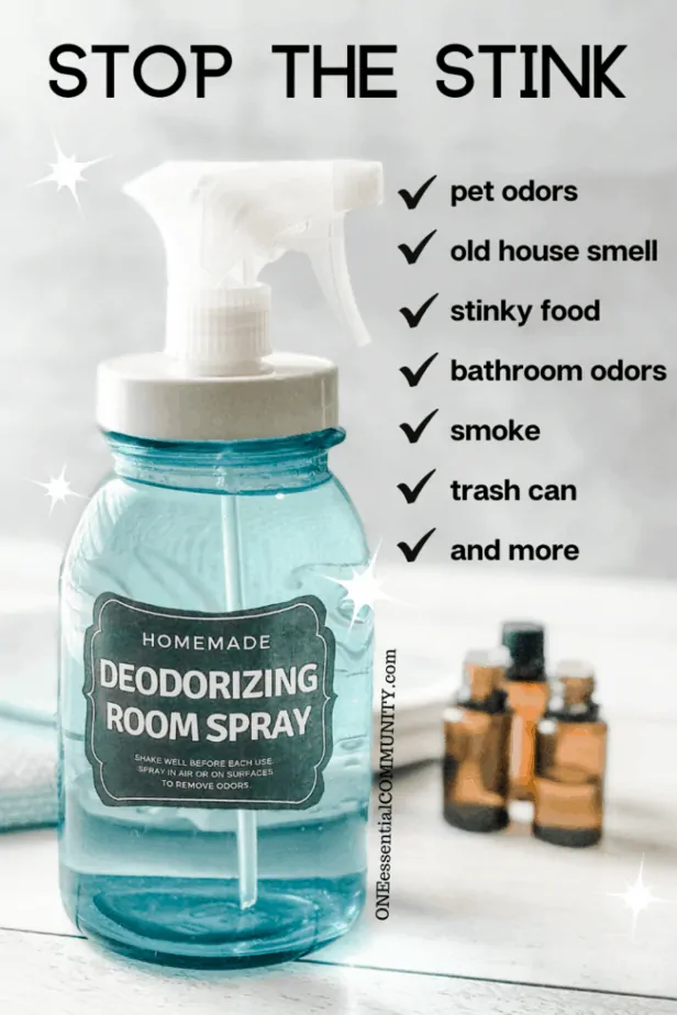 blue spray bottle used to make DIY deodorizing room spray with essential oils