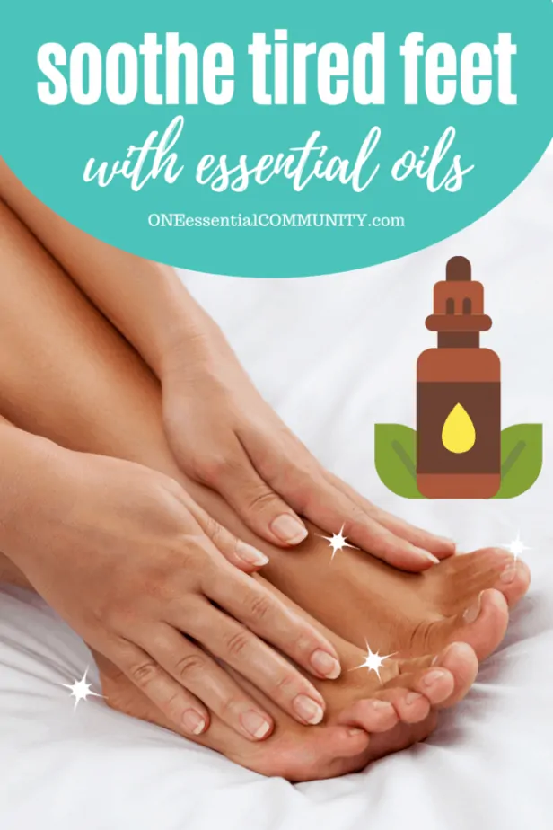 soothe tired feet rollerball recipe title image with pictures of feet and essential oil bottle