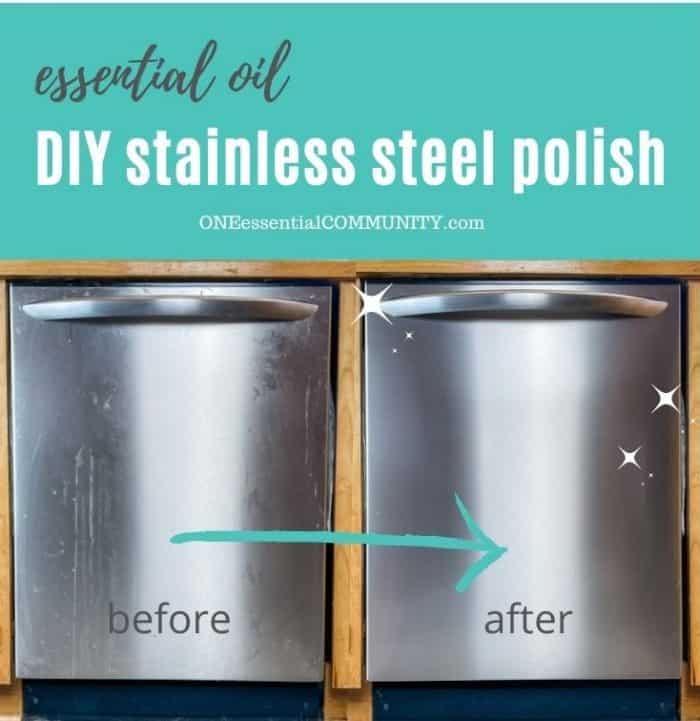before and after photos of dishwasher front -- before and after using essential oil stainless steel polish
